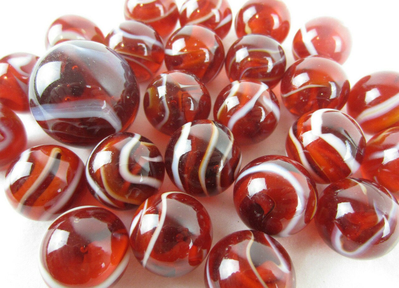 25 Glass Marbles ROOSTER Red/White Translucent/Transparent Shooter Swirl game